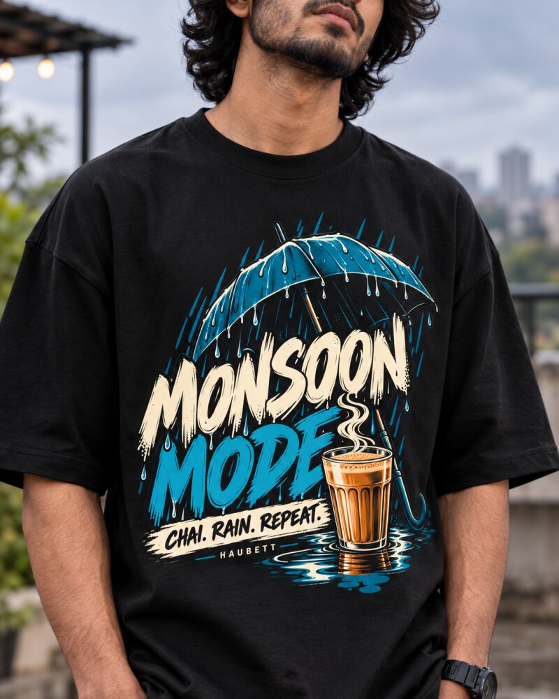 Mansoon Mode Black Oversized T-Shirt - Haubett India product image