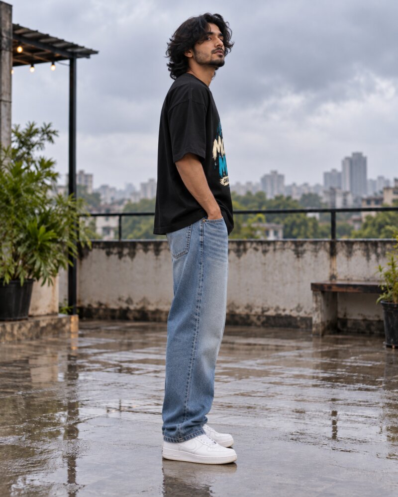 Mansoon Mode Black Oversized T-Shirt - Haubett India product image