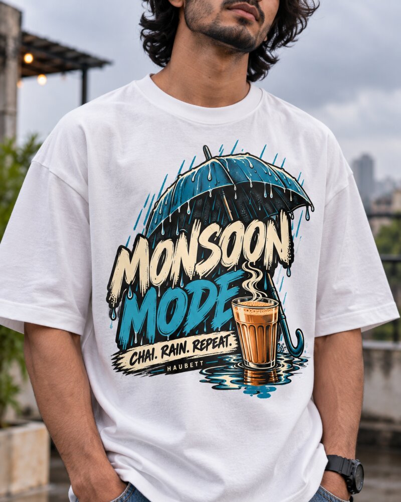 Mansoon Mode White Oversized T-Shirt - Haubett India product image