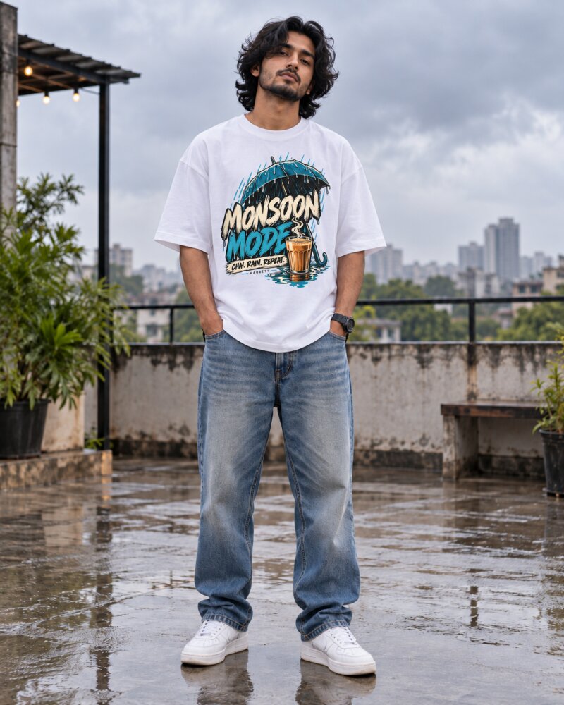 Mansoon Mode White Oversized T-Shirt - Haubett India product image