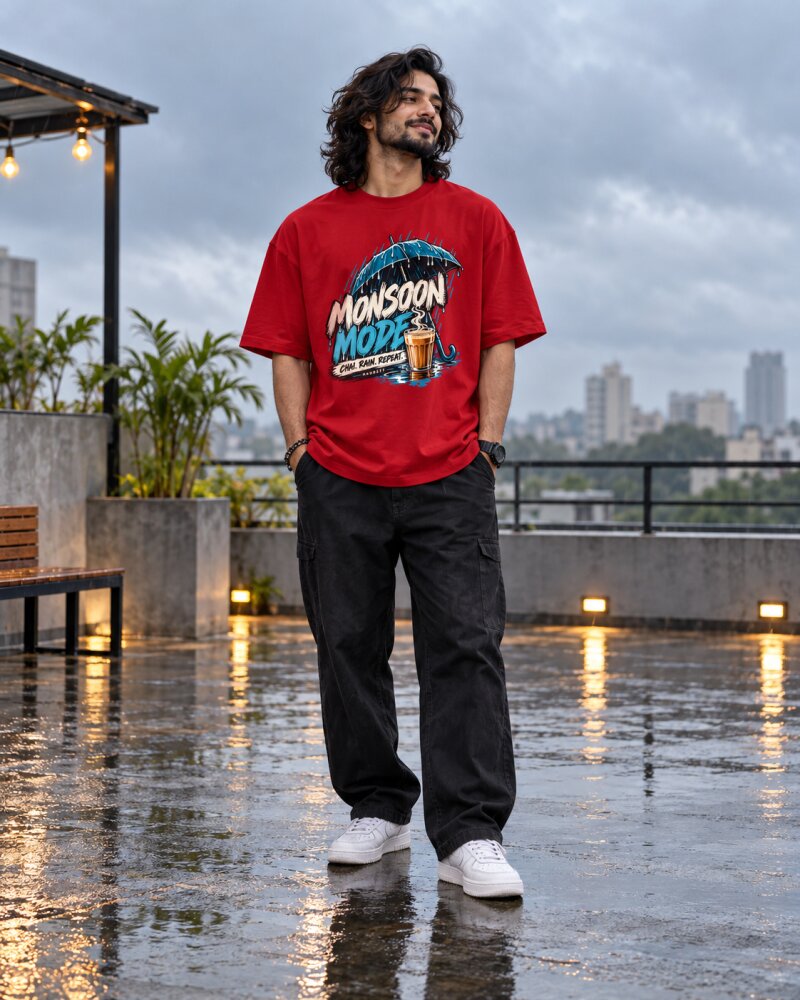 Mansoon Mode Red Oversized T-Shirt - Haubett India product image