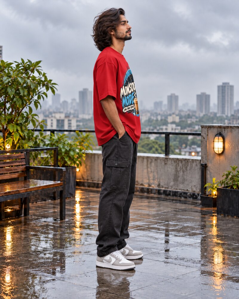 Mansoon Mode Red Oversized T-Shirt - Haubett India product image