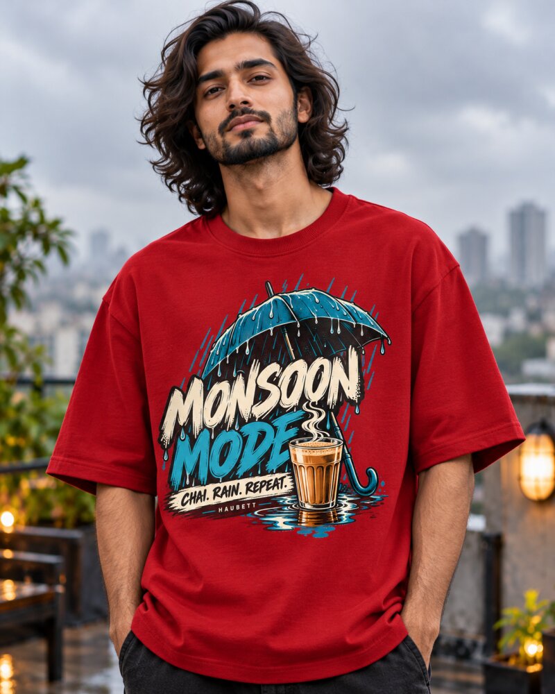 Mansoon Mode Red Oversized T-Shirt - Haubett India product image