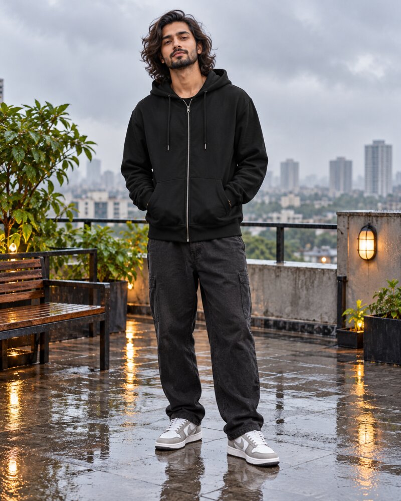 Mansoon Mode Black Zipper Hoodie - Haubett India product image