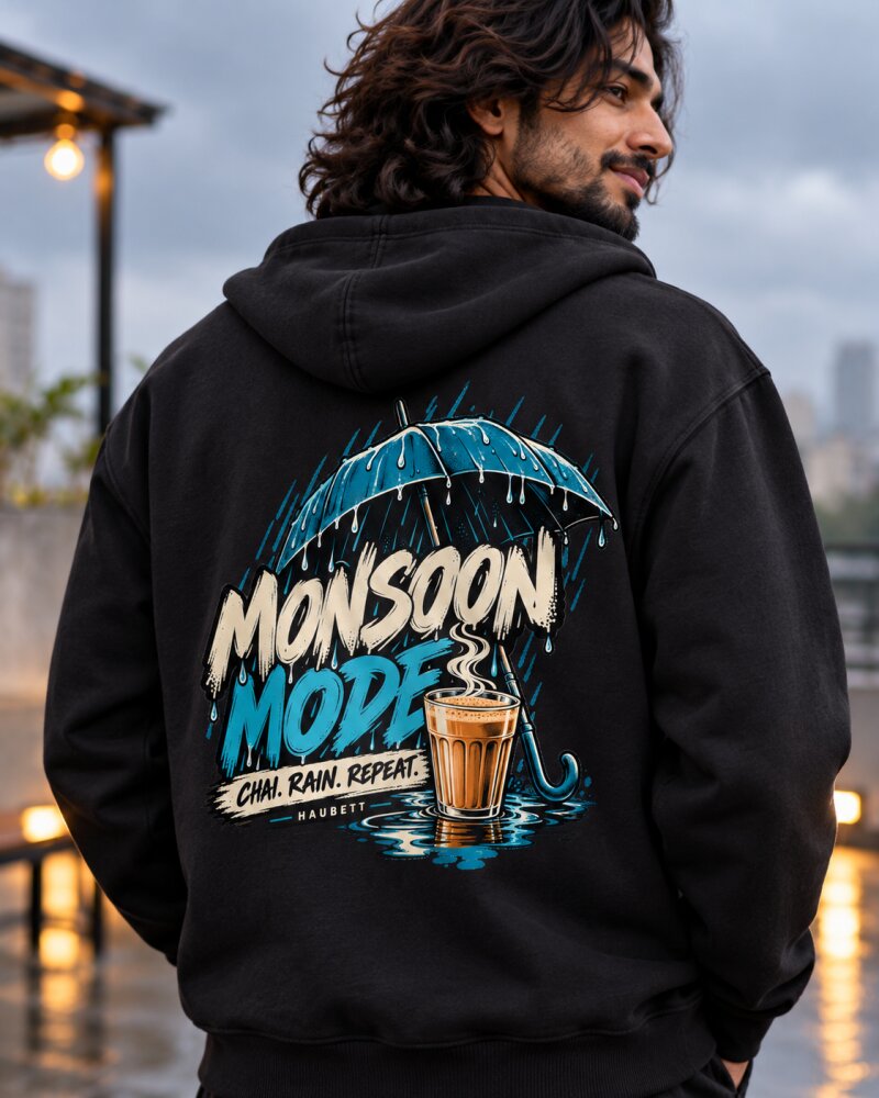 Mansoon Mode Black Zipper Hoodie - Haubett India product image