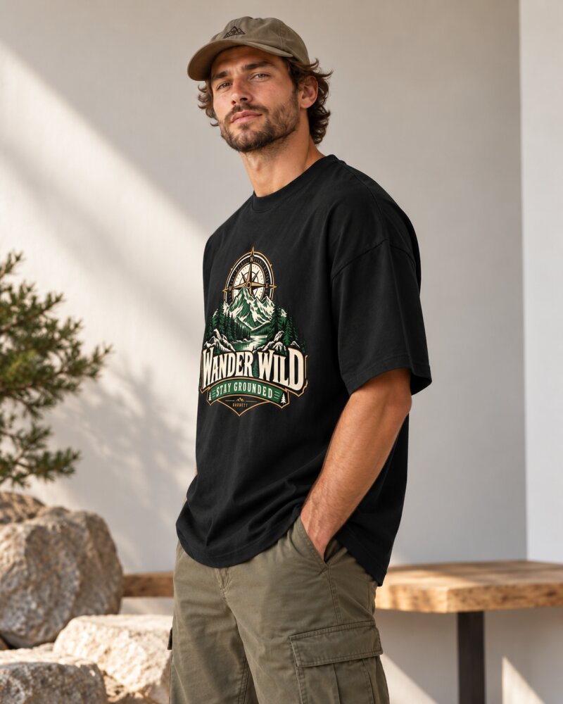 Mountain Compass Black Oversized T-Shirt - Haubett India product image