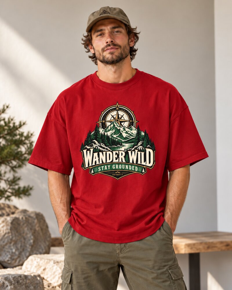 Mountain Compass Red Oversized T-Shirt - Haubett India product image