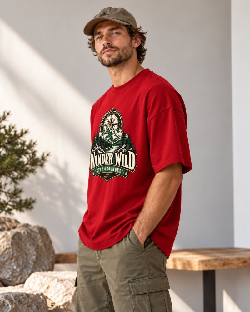 Mountain Compass Red Oversized T-Shirt - Haubett India product image