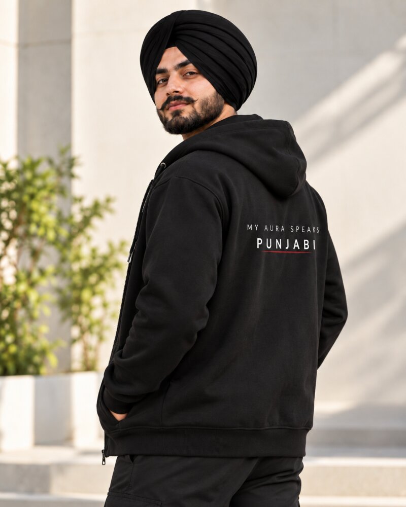 Aura Punjabi Black Zipper Hoodie - Haubett India product image