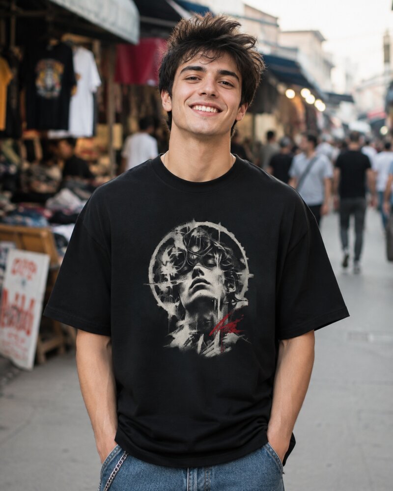 Abstract Portrait Oversized Graphic T-Shirt for Men – front view