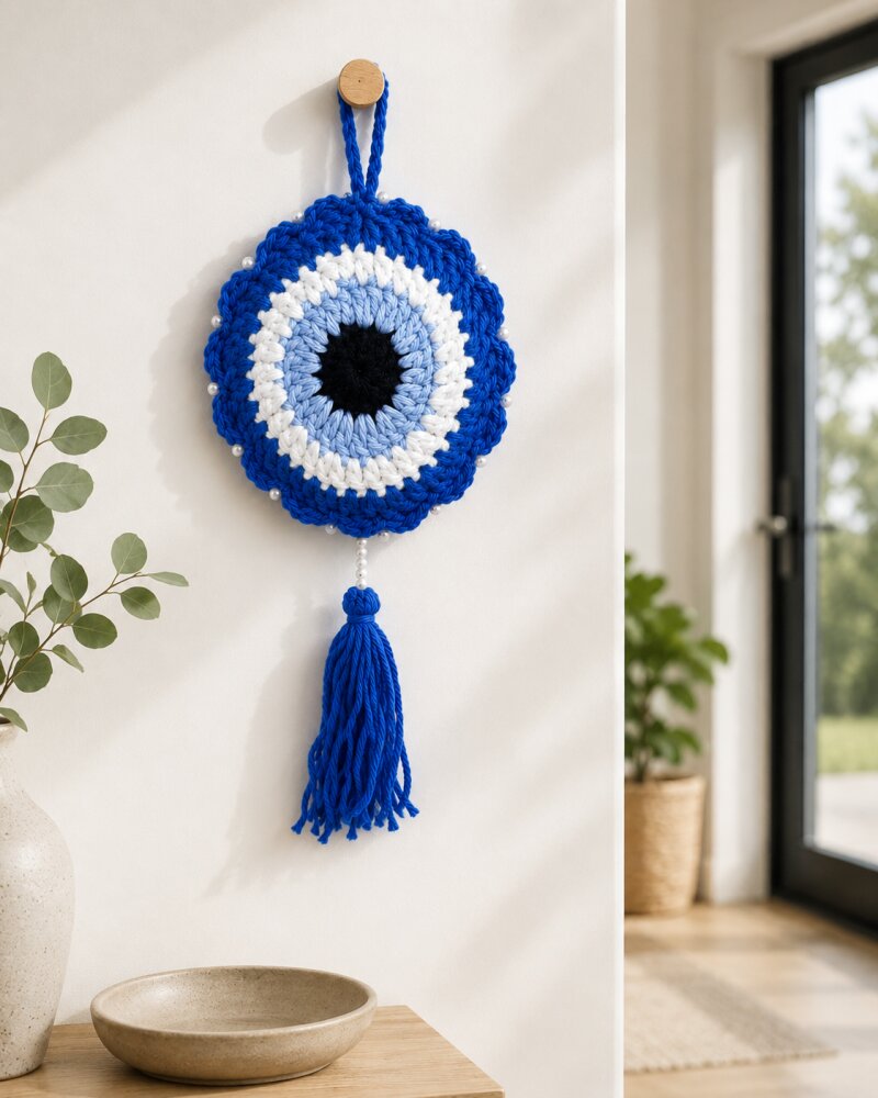 Handmade Crochet Evil Eye Hanging | Blue Nazar Decor
