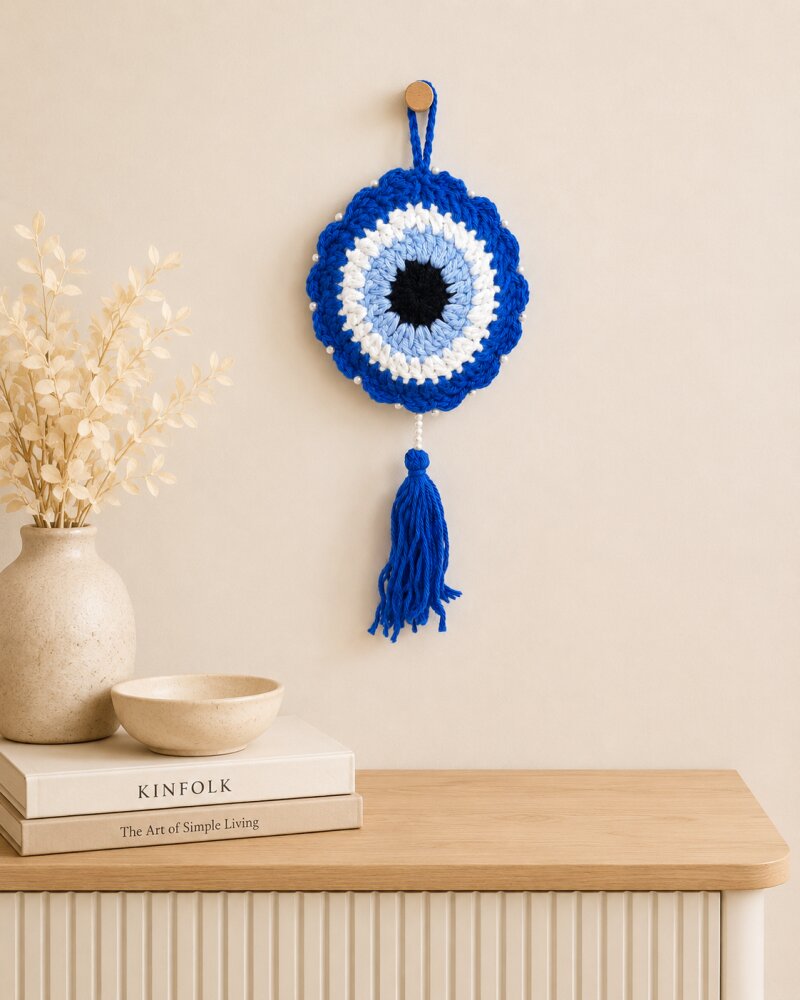 Handmade Crochet Evil Eye Hanging | Blue Nazar Decor