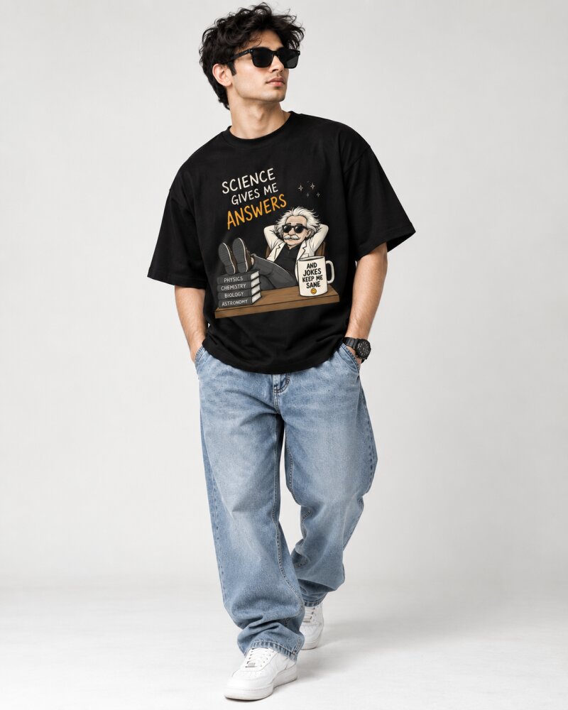 Science Give Me Answers Black oversized T-shirt - Haubett India product image