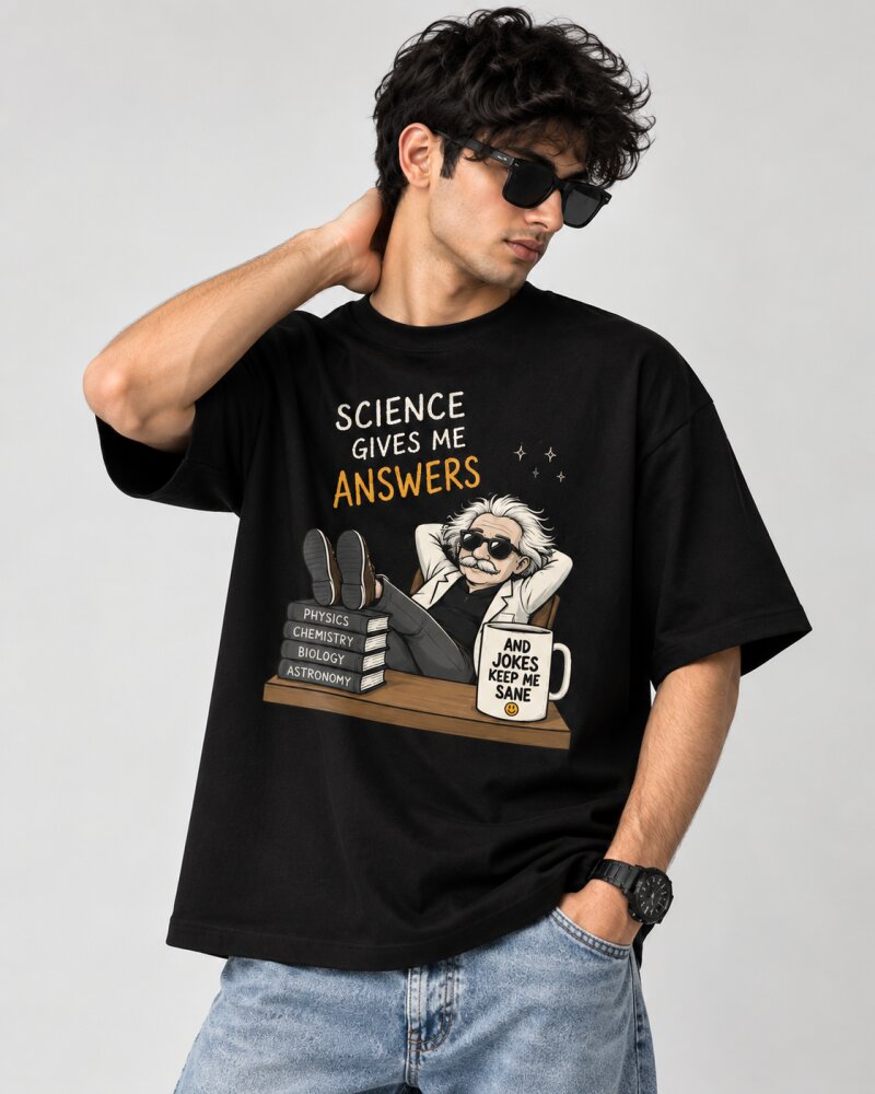 Science Give Me Answers Black oversized T-shirt - Haubett India product image