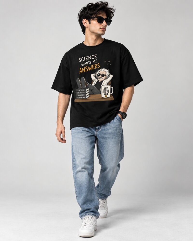 Science Give Me Answers Black oversized T-shirt - Haubett India product image