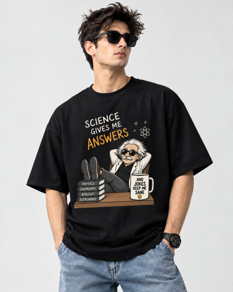 Science Give Me Answers Black oversized T-shirt - Haubett India product image