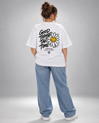 Good Things Take Time White oversized T-shirt - Haubett India product image