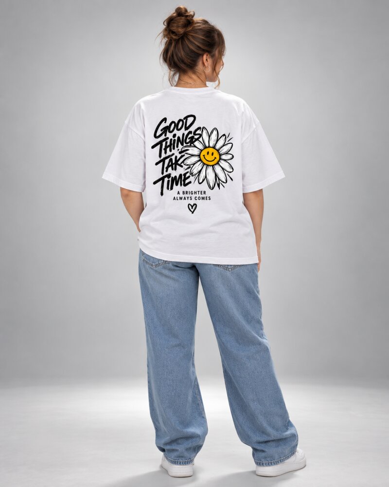 Good Things Take Time White oversized T-shirt - Haubett India product image