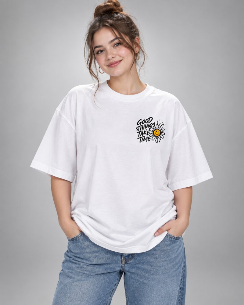 Good Things Take Time White oversized T-shirt - Haubett India product image