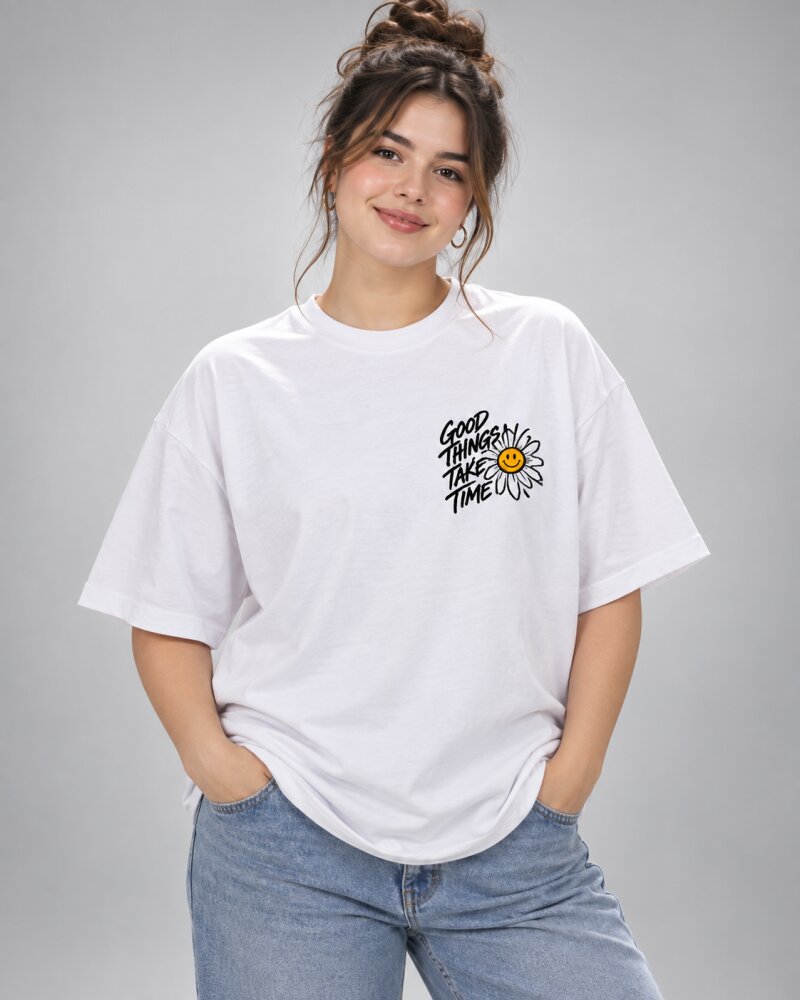 Good Things Take Time White oversized T-shirt - Haubett India product image