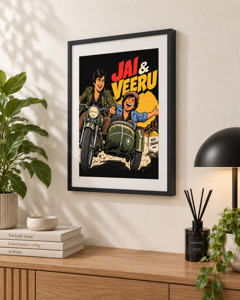Sholay Jai & Veru A4 black frame wall art