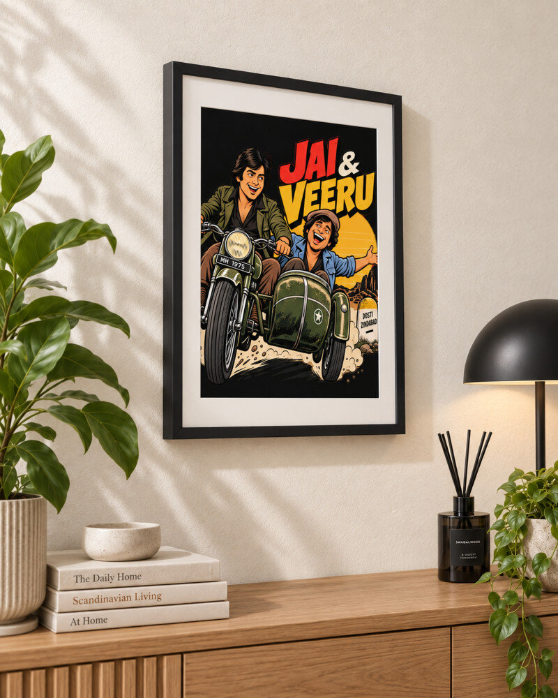 Sholay Jai & Veru A4 black frame wall art