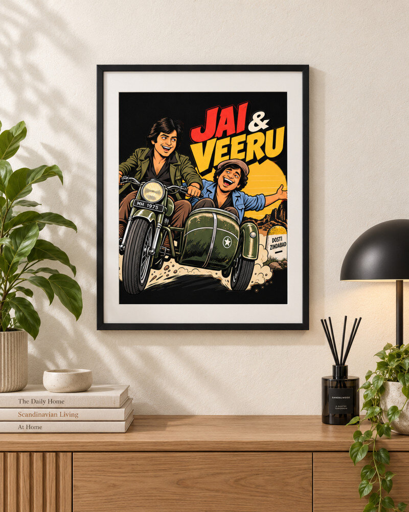 Sholay Jai & Veru A4 black frame wall art