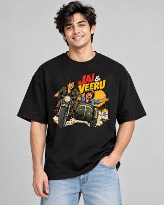 Sholay Jai and Veeru Black oversized T-shirt - Haubett India product image