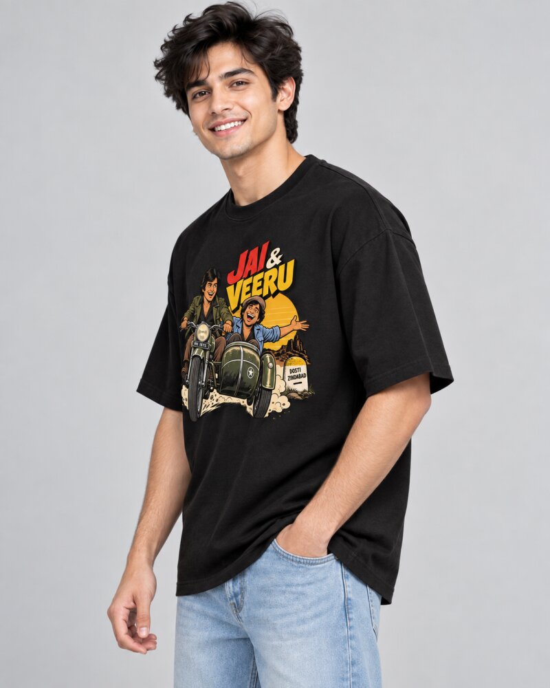 Sholay Jai and Veeru Black oversized T-shirt - Haubett India product image