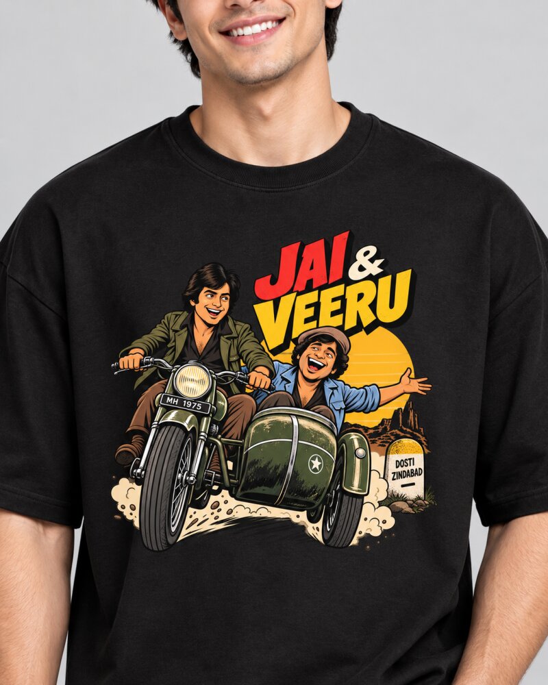 Sholay Jai and Veeru Black oversized T-shirt - Haubett India product image