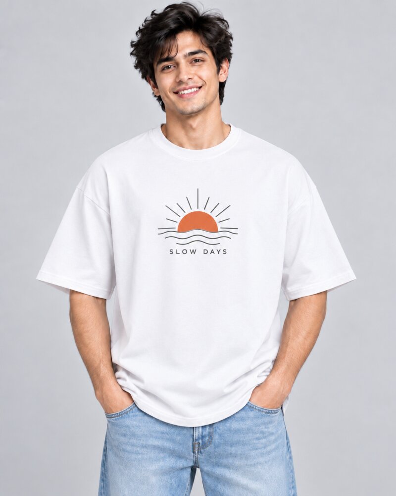 Slow Days White oversized T-shirt - Haubett India product image