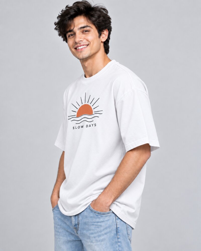 Slow Days White oversized T-shirt - Haubett India product image