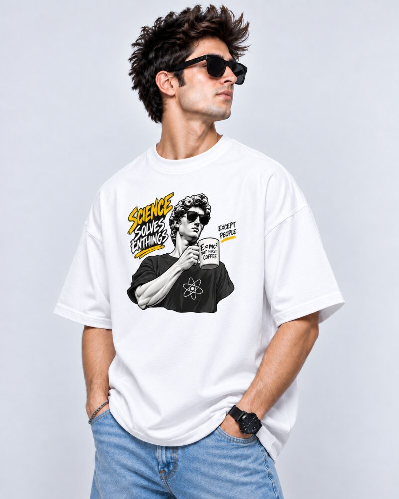 Science Solve Everything White oversized T-shirt - Haubett India product image
