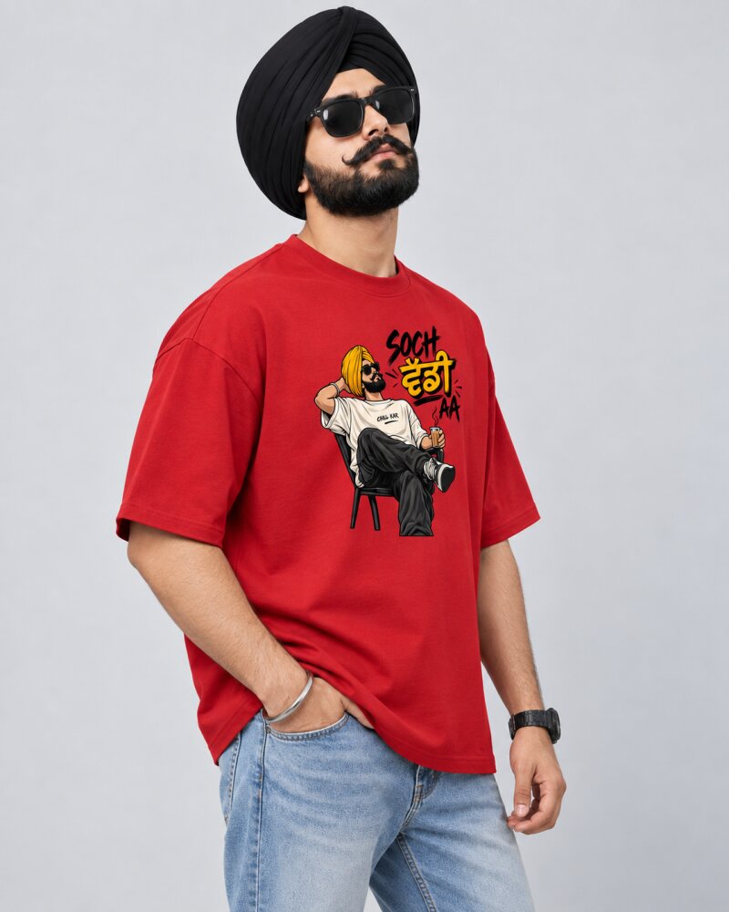 Punjabi "Soch Vaddi AA" Red oversized T-shirt - Haubett India product image