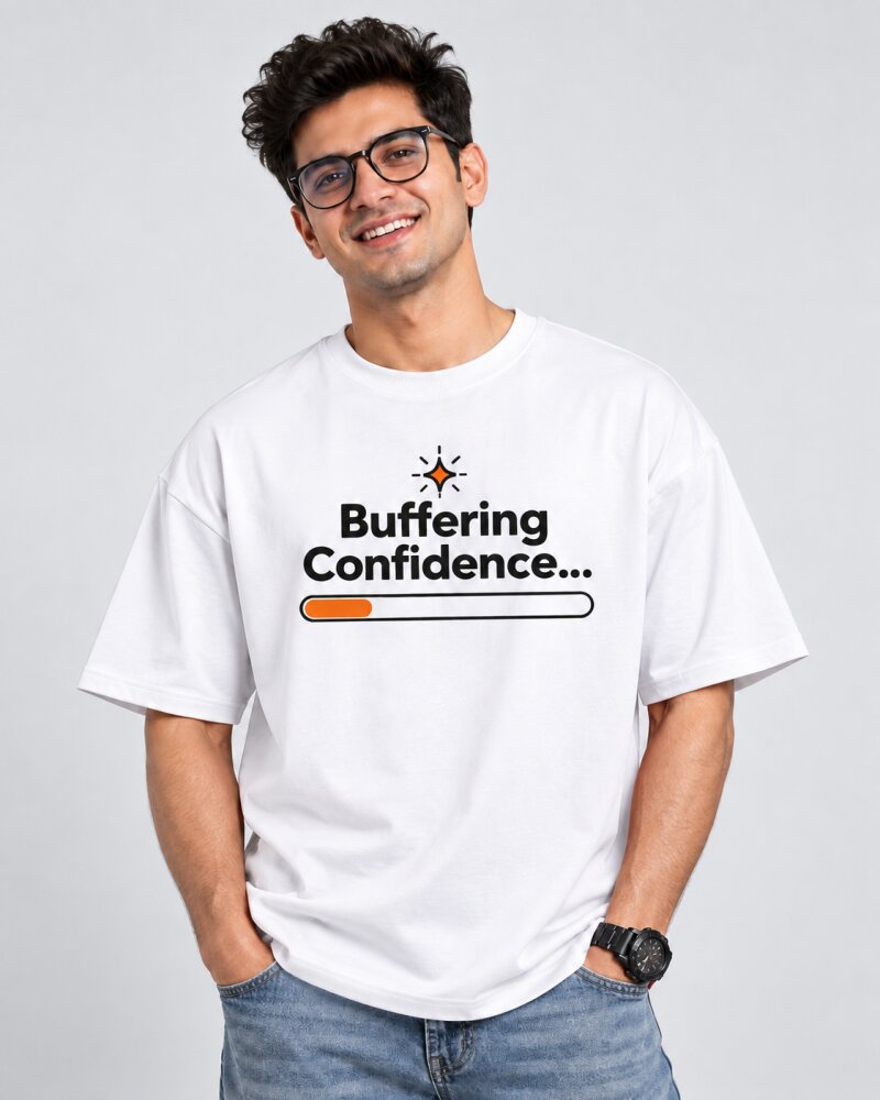 Buffering Confidence White oversized T-shirt - Haubett India product image