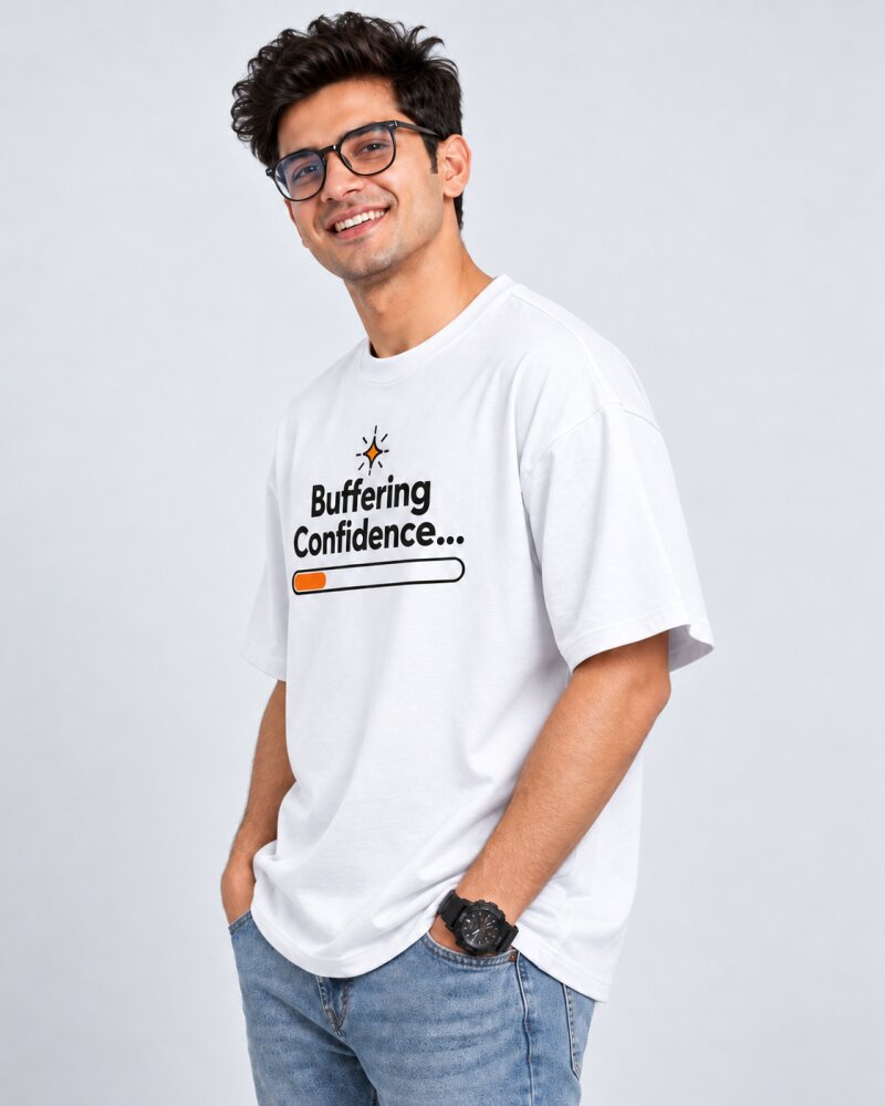 Buffering Confidence White oversized T-shirt - Haubett India product image