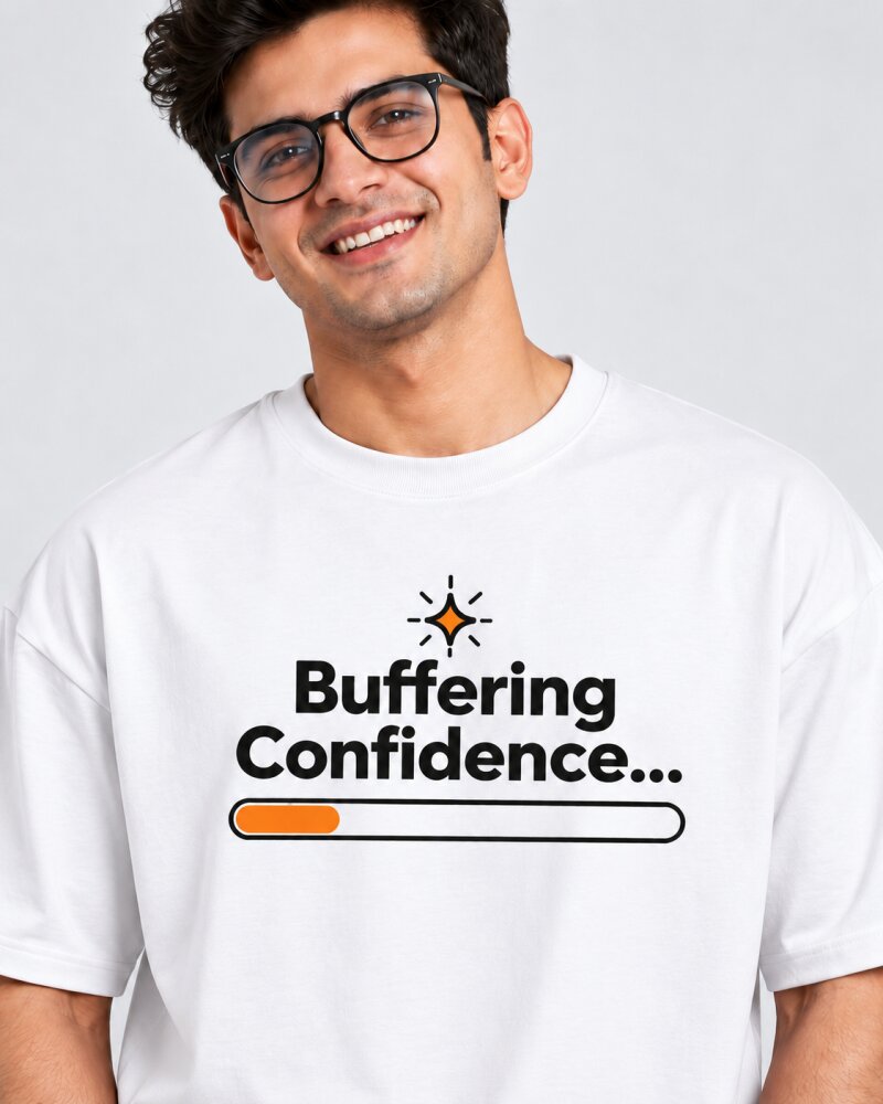 Buffering Confidence White oversized T-shirt - Haubett India product image
