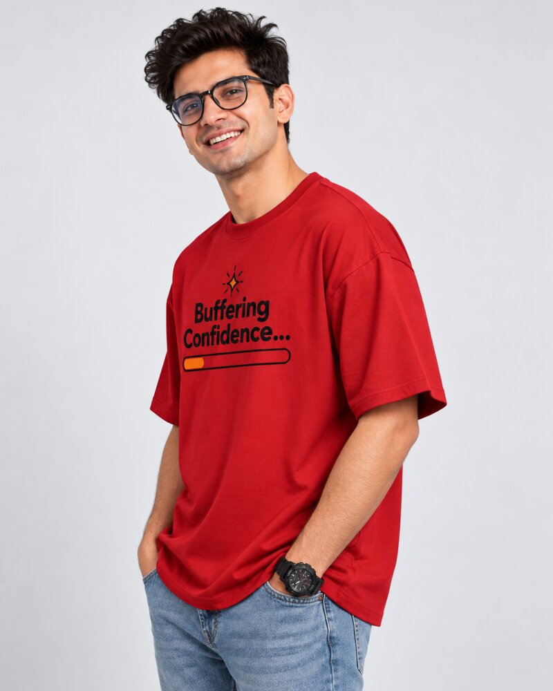 Buffering Confidence Red oversized T-shirt - Haubett India product image