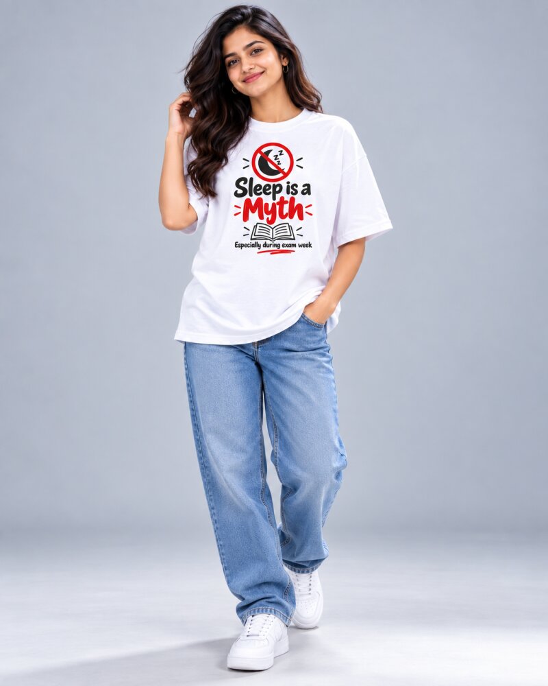 Sleep is Myth White oversized T-shirt - Haubett India product image