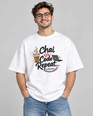 Chai Code Repeat White oversized T-shirt - Haubett India product image