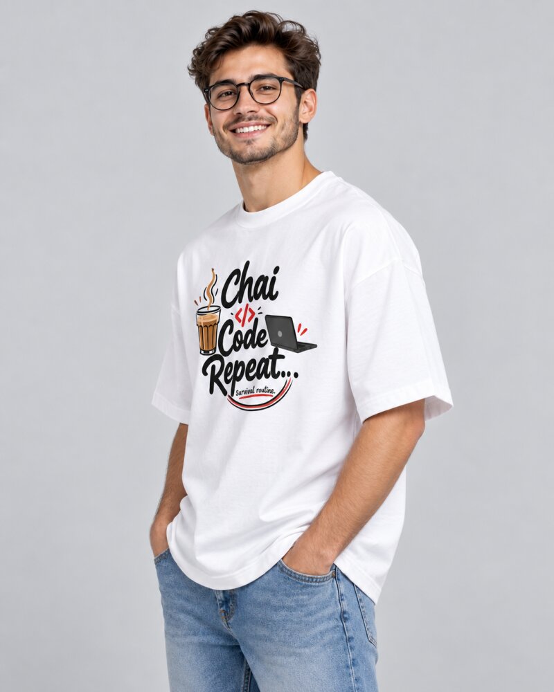 Chai Code Repeat White oversized T-shirt - Haubett India product image