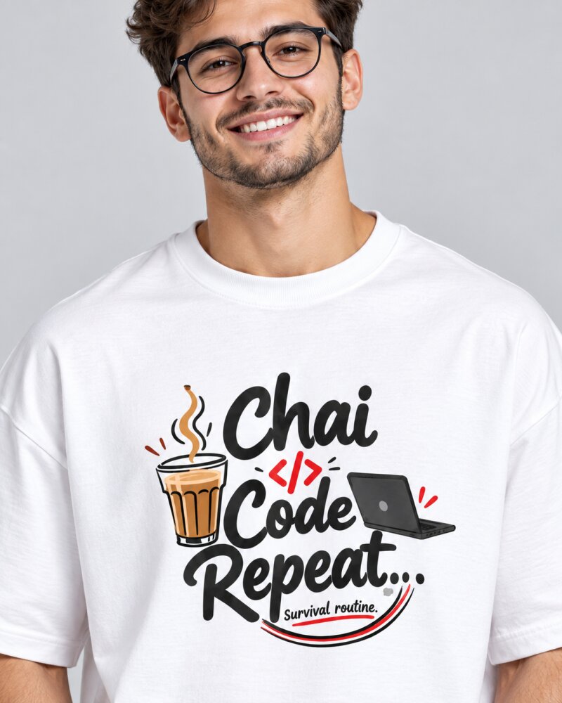Chai Code Repeat White oversized T-shirt - Haubett India product image