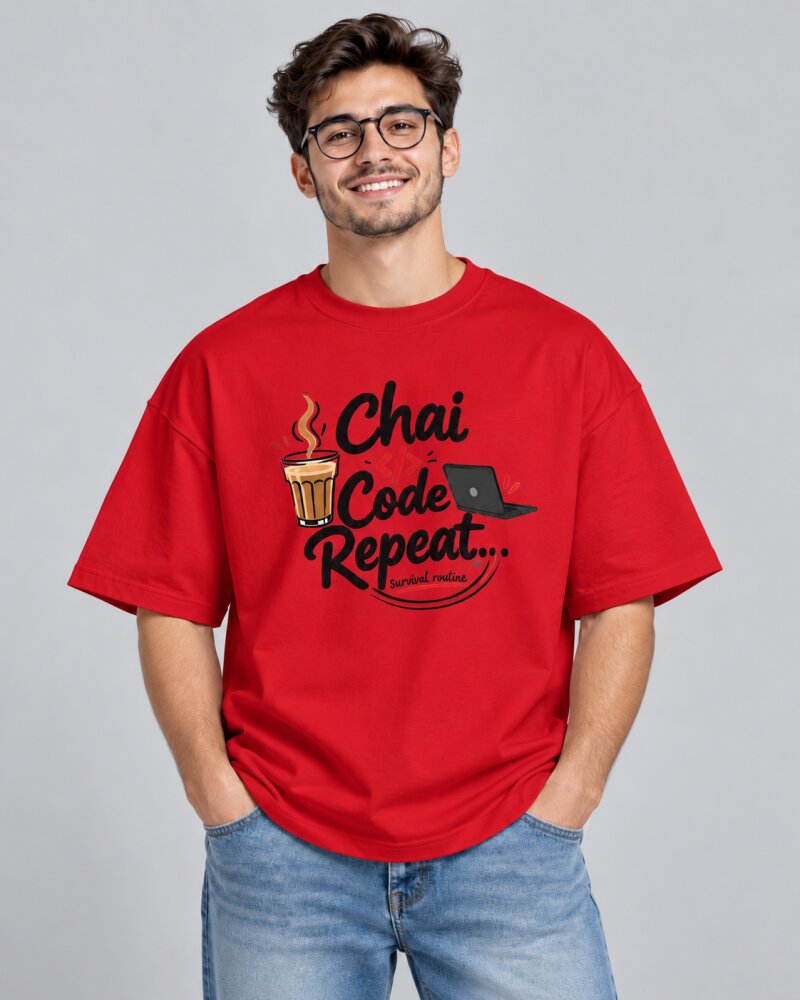 Chai Code Repeat Red oversized T-shirt - Haubett India product image