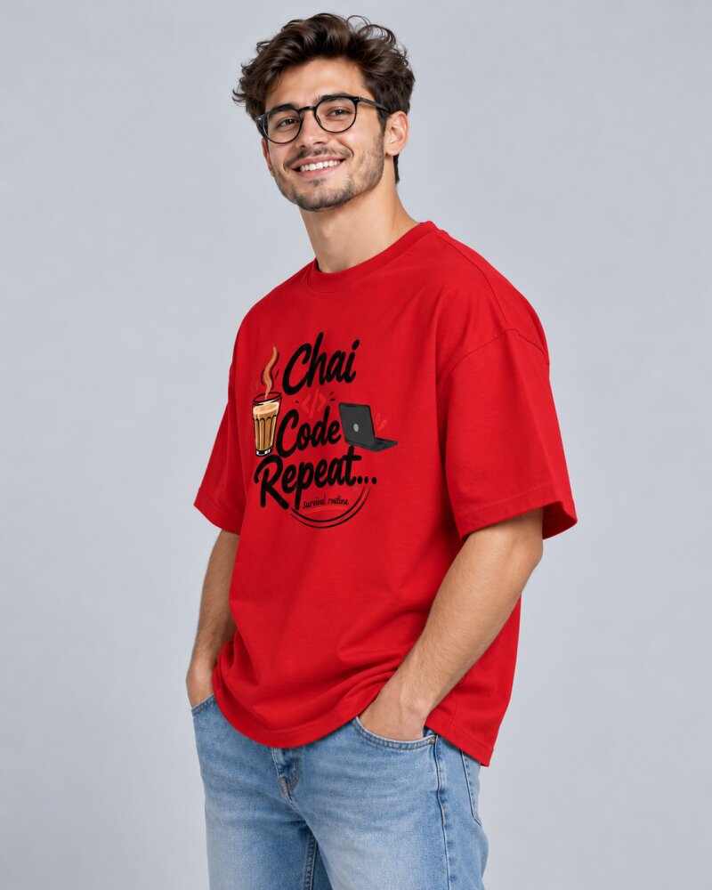 Chai Code Repeat Red oversized T-shirt - Haubett India product image