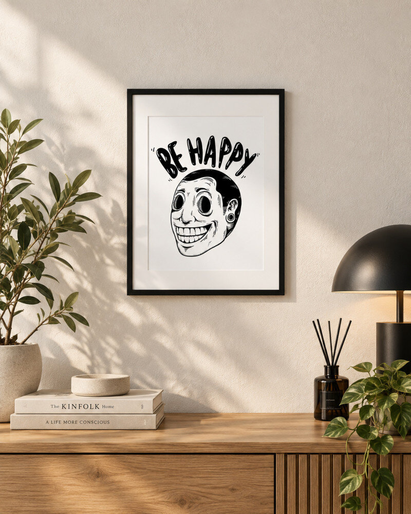 Be Happy A4 black frame wall art