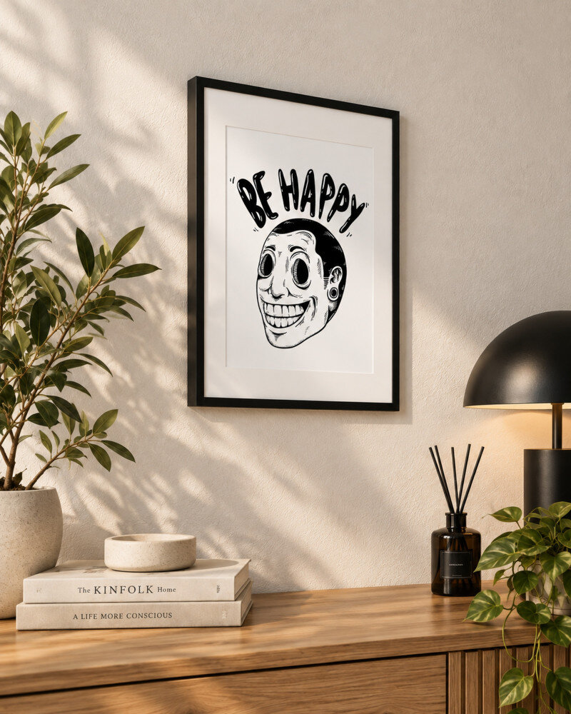 Be Happy A4 black frame wall art