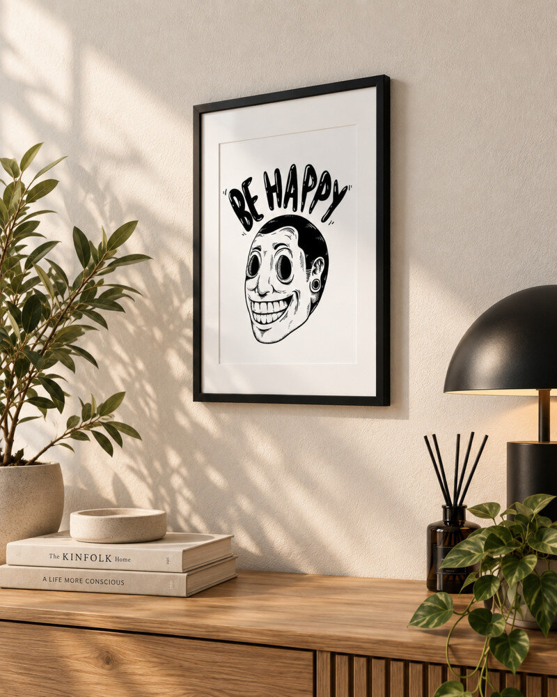 Be Happy A4 black frame wall art