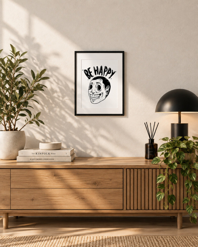 Be Happy A4 black frame wall art
