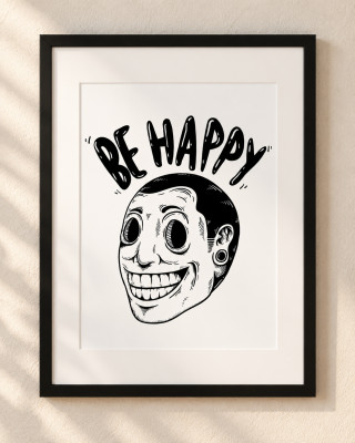 Be Happy A4 black frame wall art
