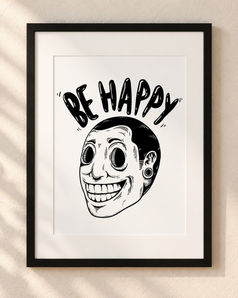 Be Happy A4 black frame wall art